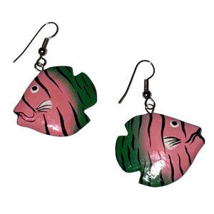 Novelty Wood Pink Fish Pierced Earrings Dangling Hook